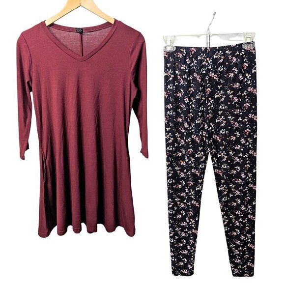 Matching Set LILDY Tunic & Leggings Burgundy Floral Super Soft Size S-M - Picture 1 of 6